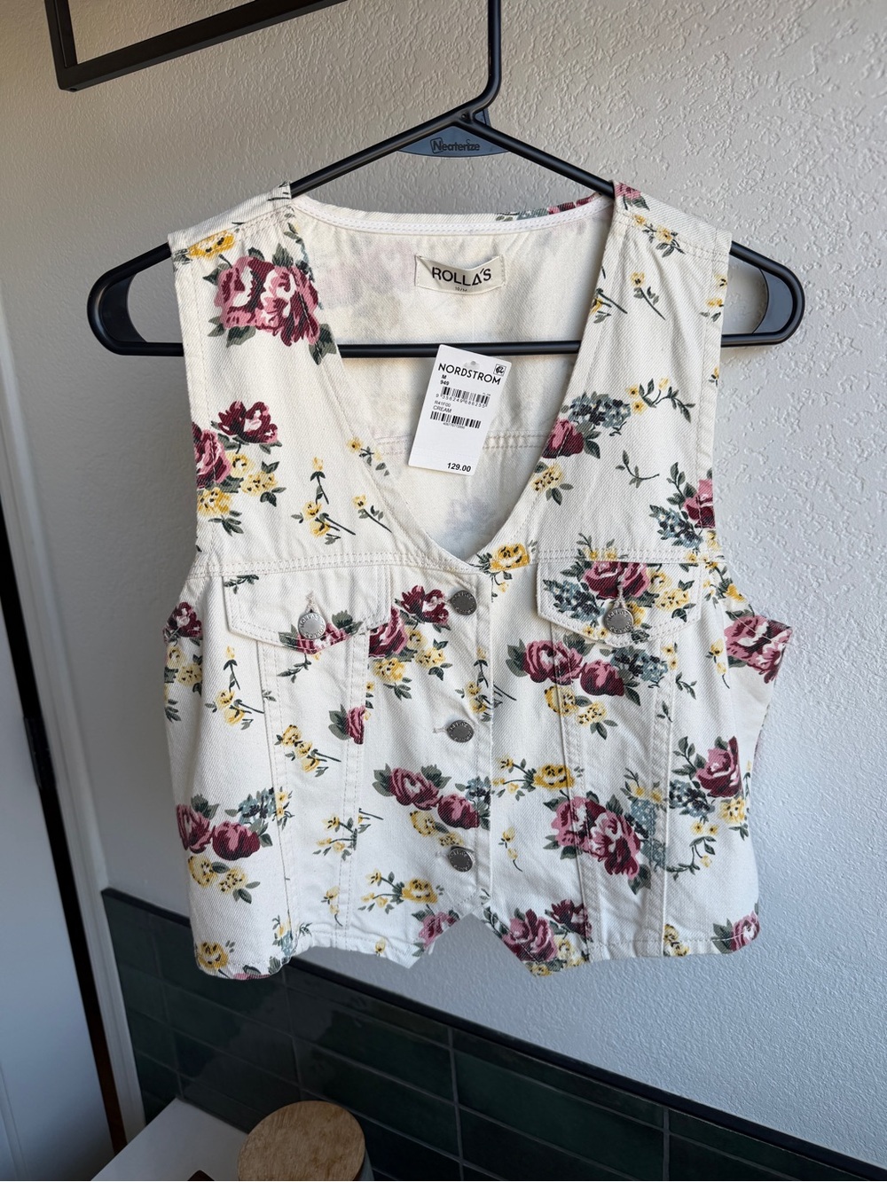 Rollas Cream Denim Floral Vest. NWT. Medium.